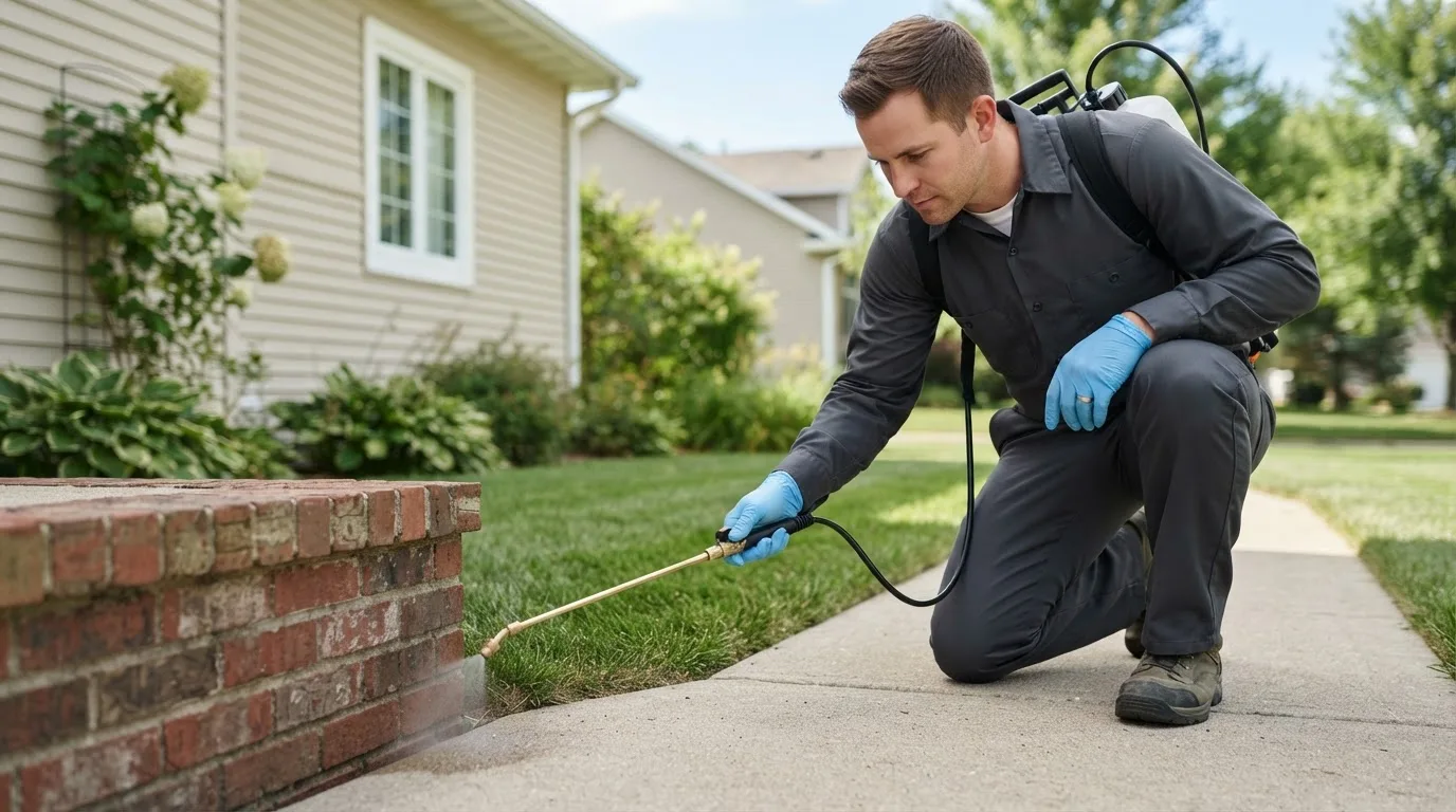 Pest control technician treating a home near Sanborn, NY