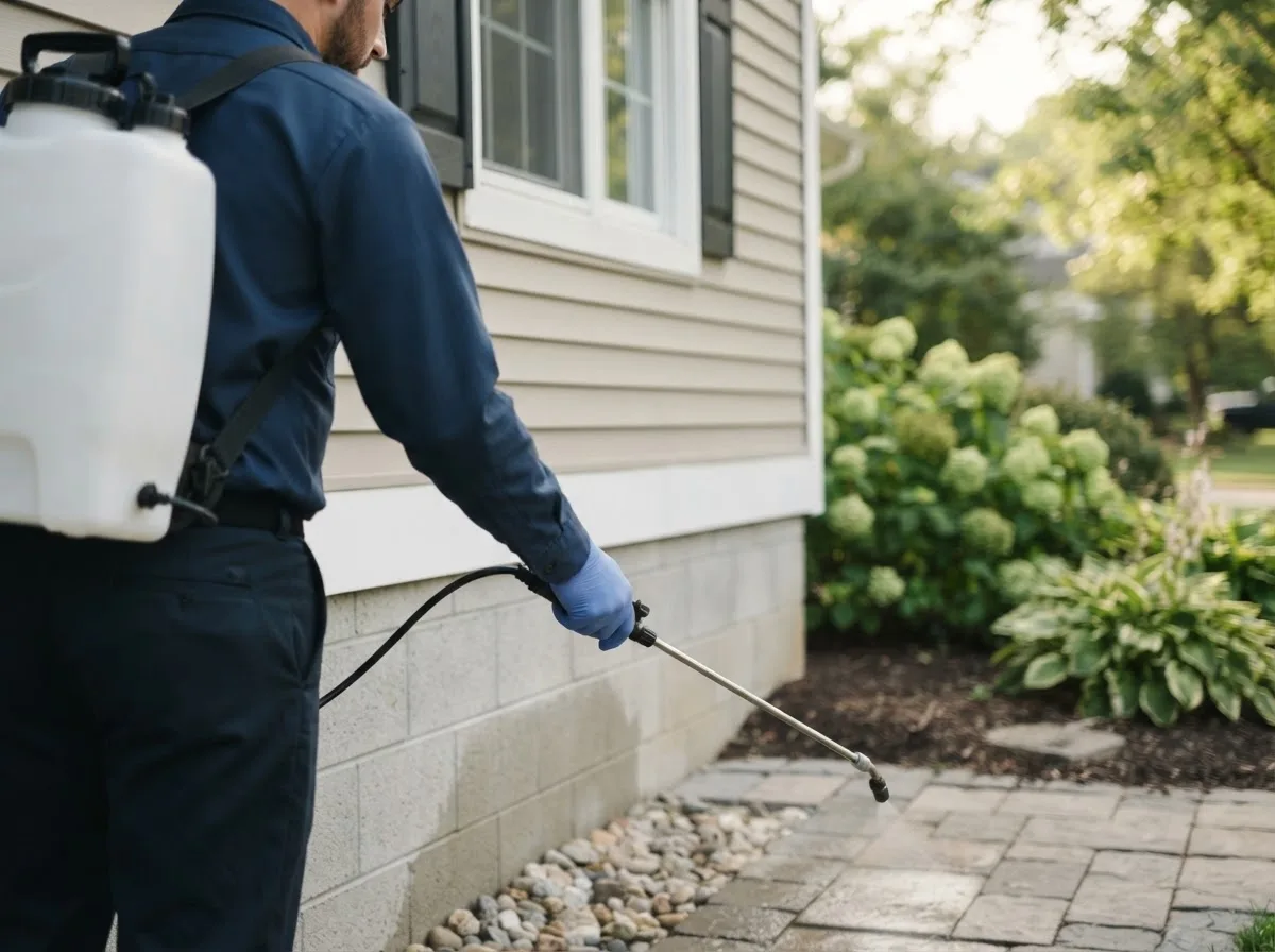 Pest control technician inspecting a home in Sanborn, NY